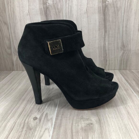 Michael Kors Heel Booties Woomens 7M Davenport Black Suede Peep Toe Ankle Boots - Picture 1 of 13